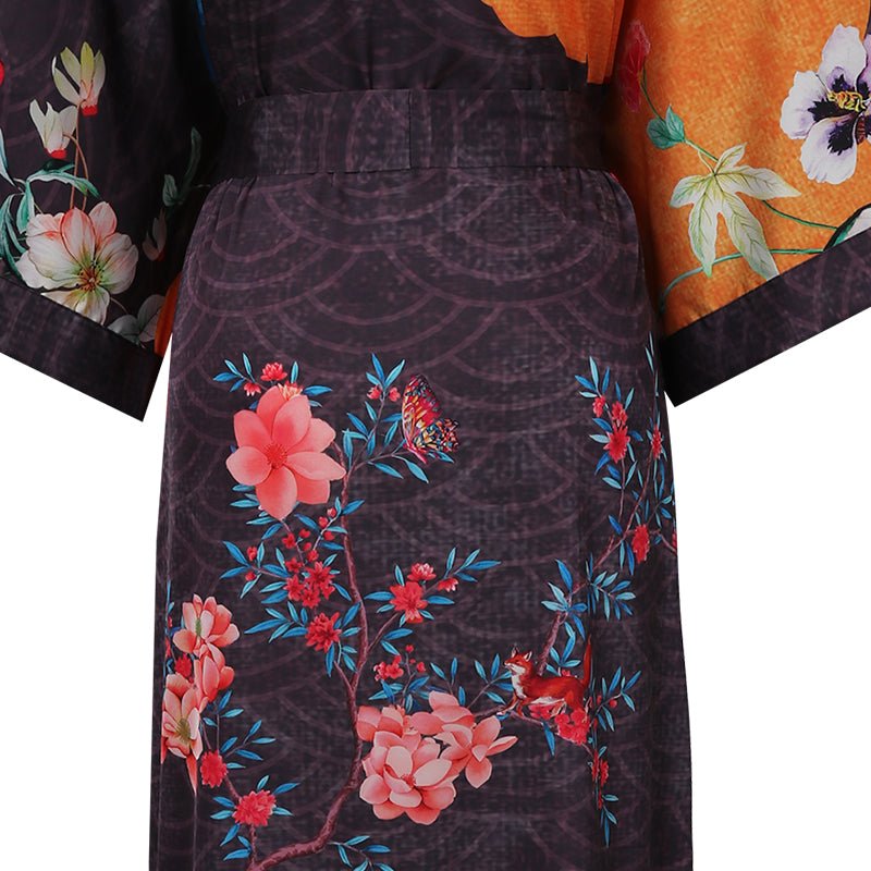 100% Floral Nature - inspired Prints Silk Kimono Robe Orange One size fits most