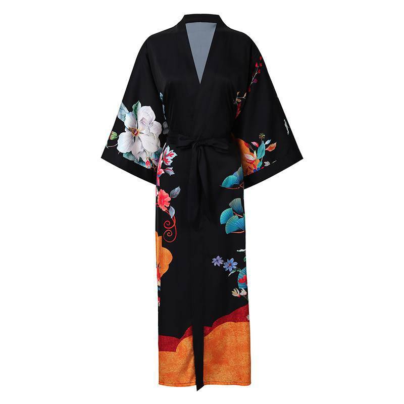 100% Floral Nature - inspired Prints Silk Kimono Robe Black One size fits most
