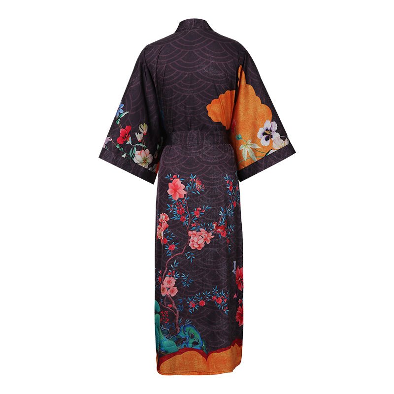 100% Floral Nature - inspired Prints Silk Kimono Robe Orange One size fits most