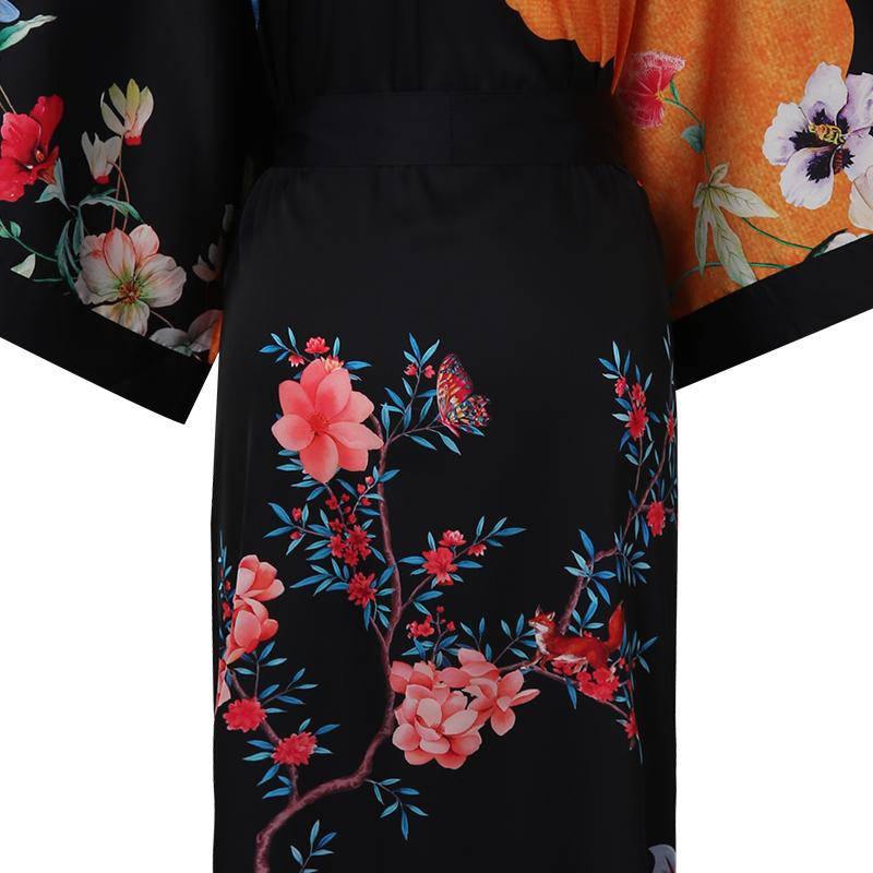100% Floral Nature - inspired Prints Silk Kimono Robe Black One size fits most