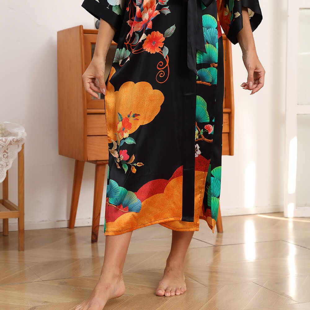 100% Floral Nature - inspired Prints Silk Kimono Robe Black One size fits most