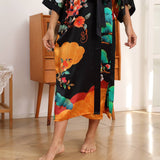 100% Floral Nature - inspired Prints Silk Kimono Robe Black One size fits most