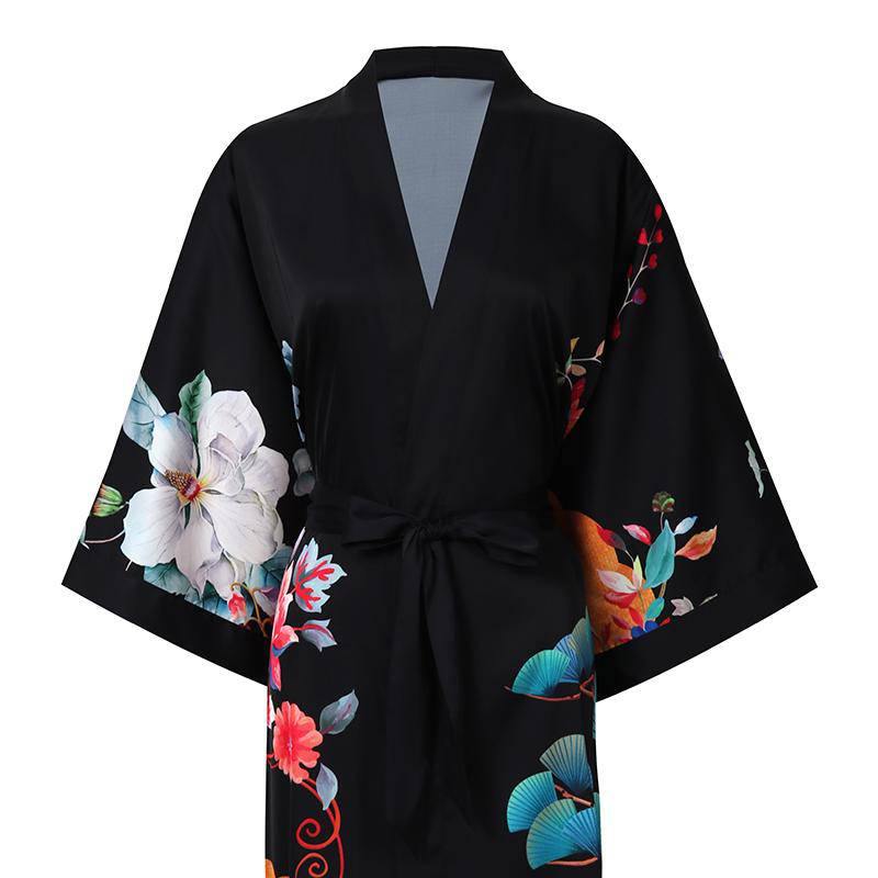 100% Floral Nature - inspired Prints Silk Kimono Robe Black One size fits most