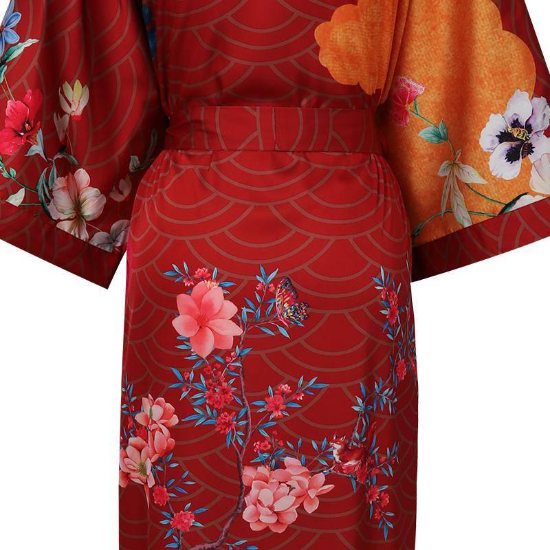 100% Floral Nature - inspired Prints Silk Kimono Robe Red One size fits most