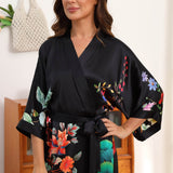 100% Floral Nature - inspired Prints Silk Kimono Robe Black One size fits most