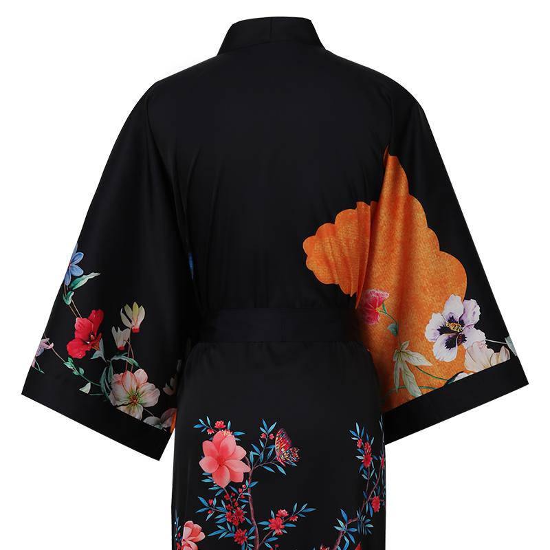 100% Floral Nature - inspired Prints Silk Kimono Robe Black One size fits most