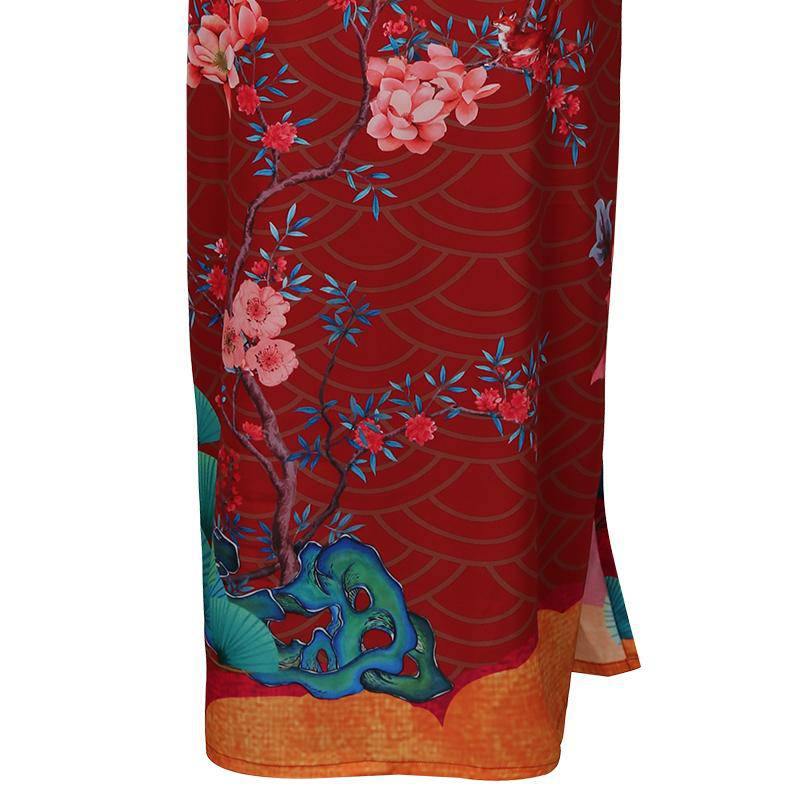 100% Floral Nature - inspired Prints Silk Kimono Robe Red One size fits most