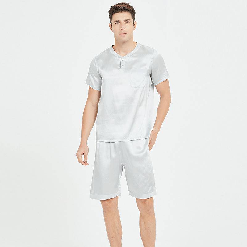 100% Mulberry Mens Short Silk Pajama Set Summer Silk Nightwear Silver Gray S
