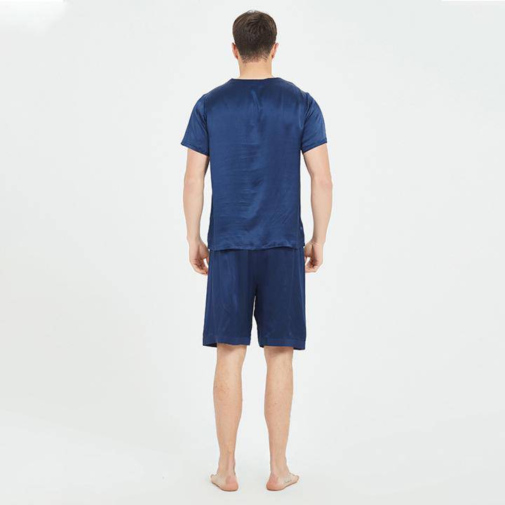 100% Mulberry Mens Short Silk Pajama Set Summer Silk Nightwear Navy Blue S