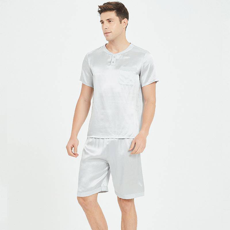 100% Mulberry Mens Short Silk Pajama Set Summer Silk Nightwear Silver Gray S