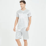 100% Mulberry Mens Short Silk Pajama Set Summer Silk Nightwear Silver Gray S