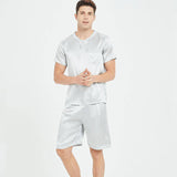 100% Mulberry Mens Short Silk Pajama Set Summer Silk Nightwear Silver Gray S