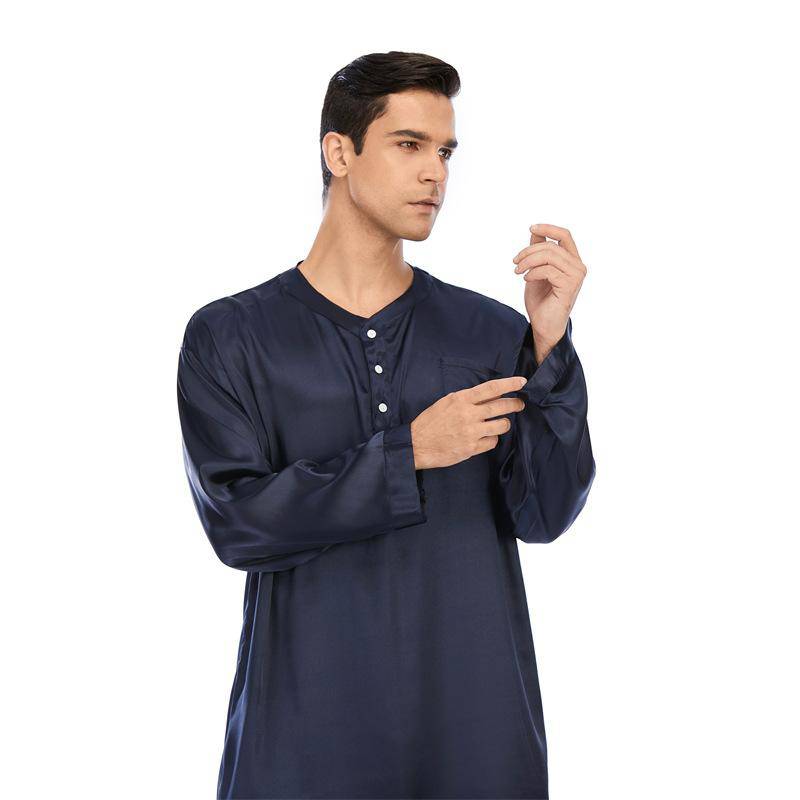 100% Mens Silk Nightshirt Pure Henley Neck Silk Nightwear Navy Blue S