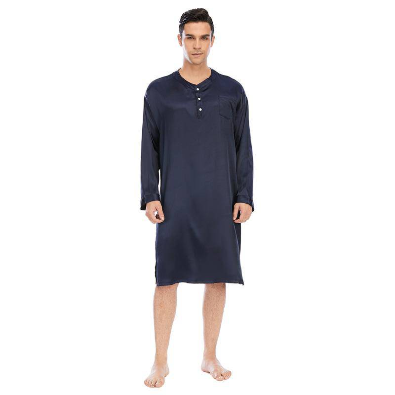 100% Mens Silk Nightshirt Pure Henley Neck Silk Nightwear Navy Blue S