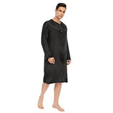 100% Mens Silk Nightshirt Pure Henley Neck Silk Nightwear Black S