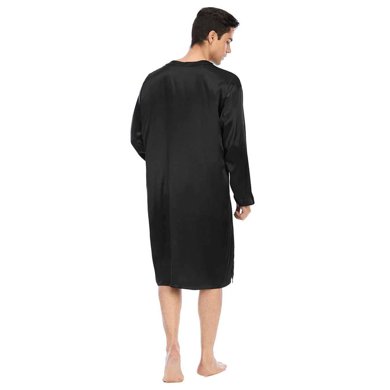 100% Mens Silk Nightshirt Pure Henley Neck Silk Nightwear Black S