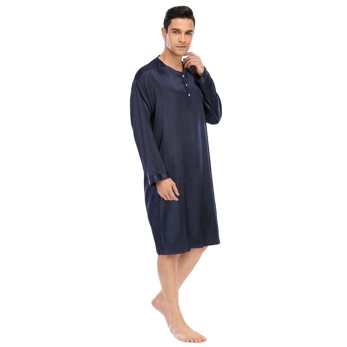 100% Mens Silk Nightshirt Pure Henley Neck Silk Nightwear Navy Blue S