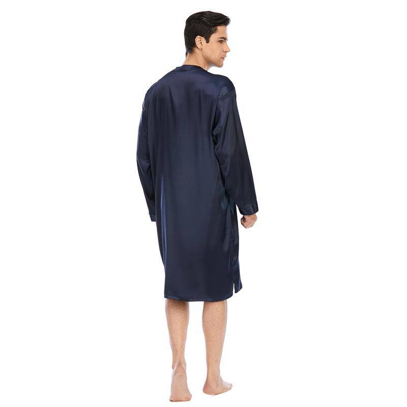 100% Mens Silk Nightshirt Pure Henley Neck Silk Nightwear Navy Blue S