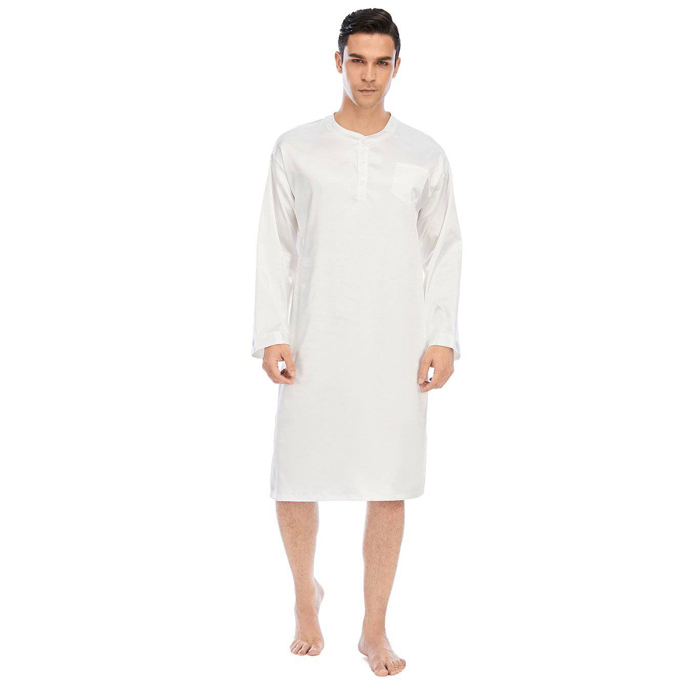 100% Mens Silk Nightshirt Pure Henley Neck Silk Nightwear White S
