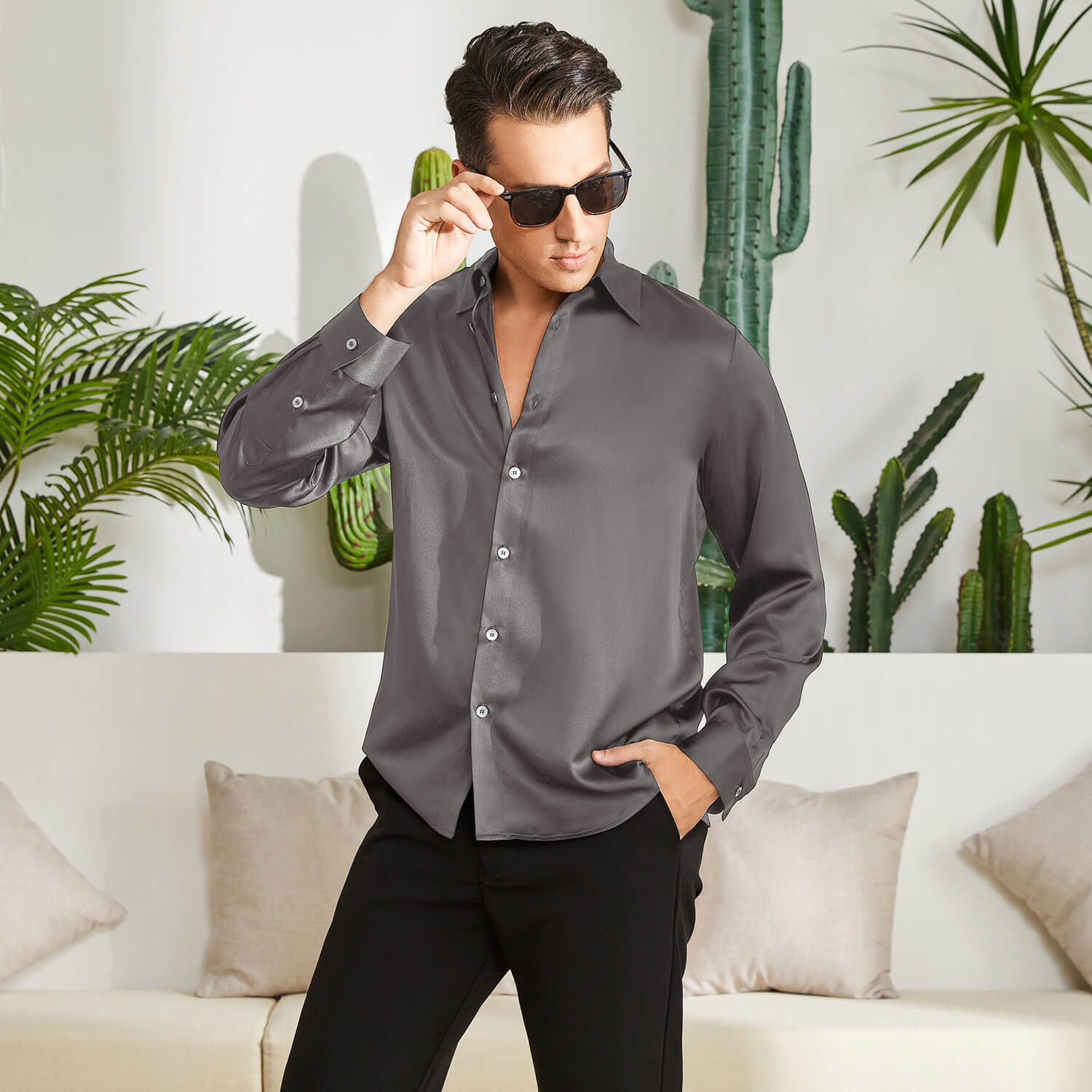 100% Mulberry Men's Silk Shirt Long Pure Silk Dress Shirts Dark Gray XS