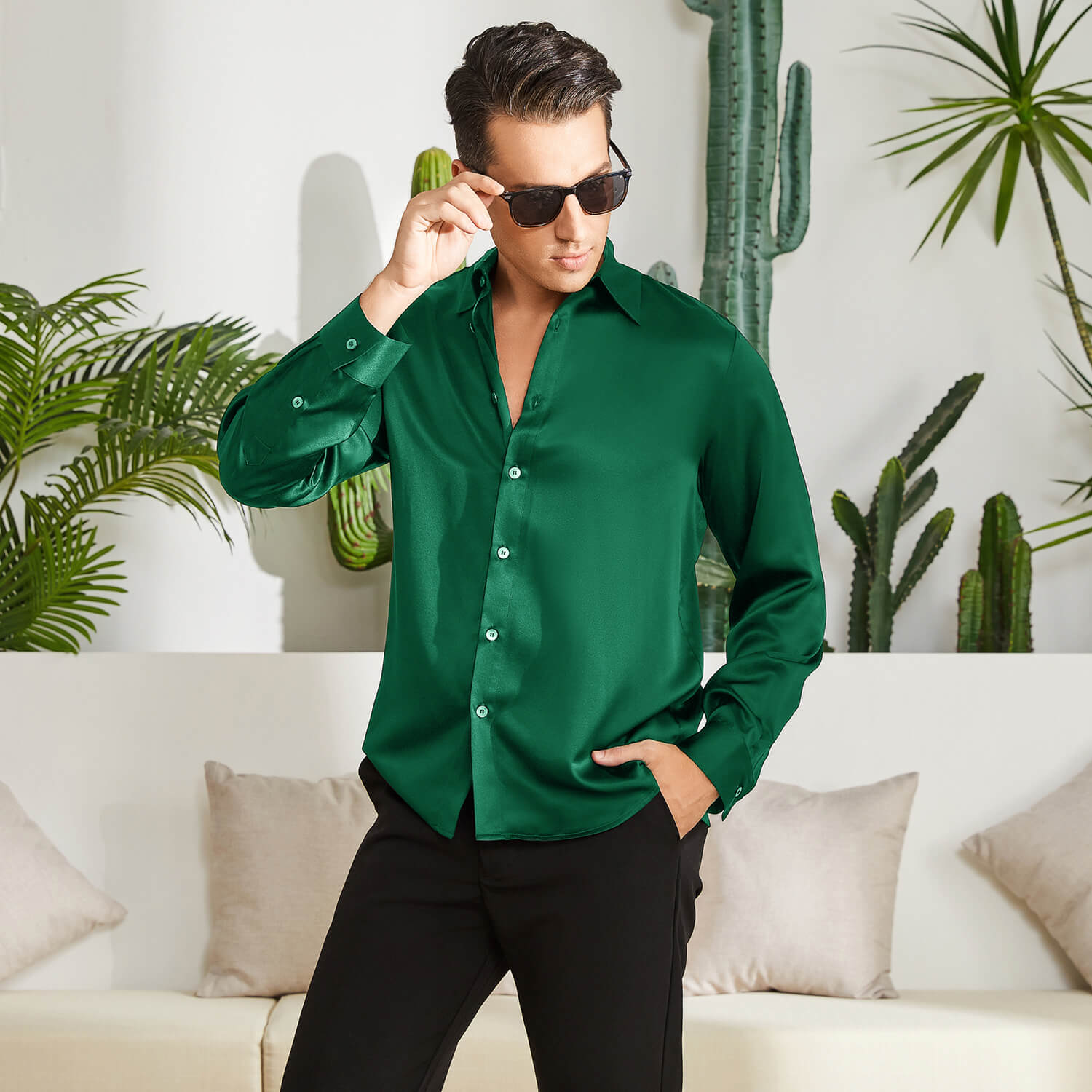 100% Mulberry Men's Silk Shirt Long Pure Silk Dress Shirts Green XS