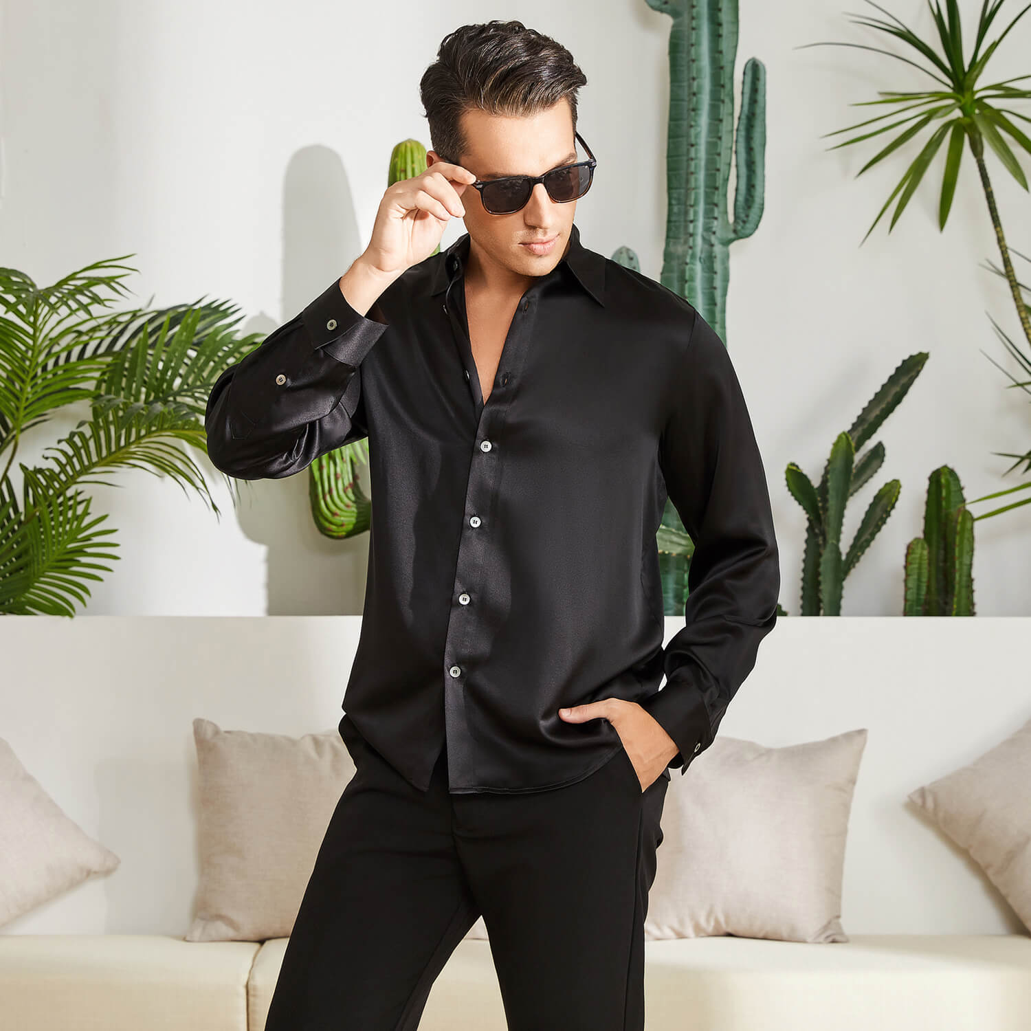 100% Mulberry Men's Silk Shirt Long Pure Silk Dress Shirts Black XS