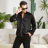 100% Mulberry Men's Silk Shirt Long Pure Silk Dress Shirts Black XS
