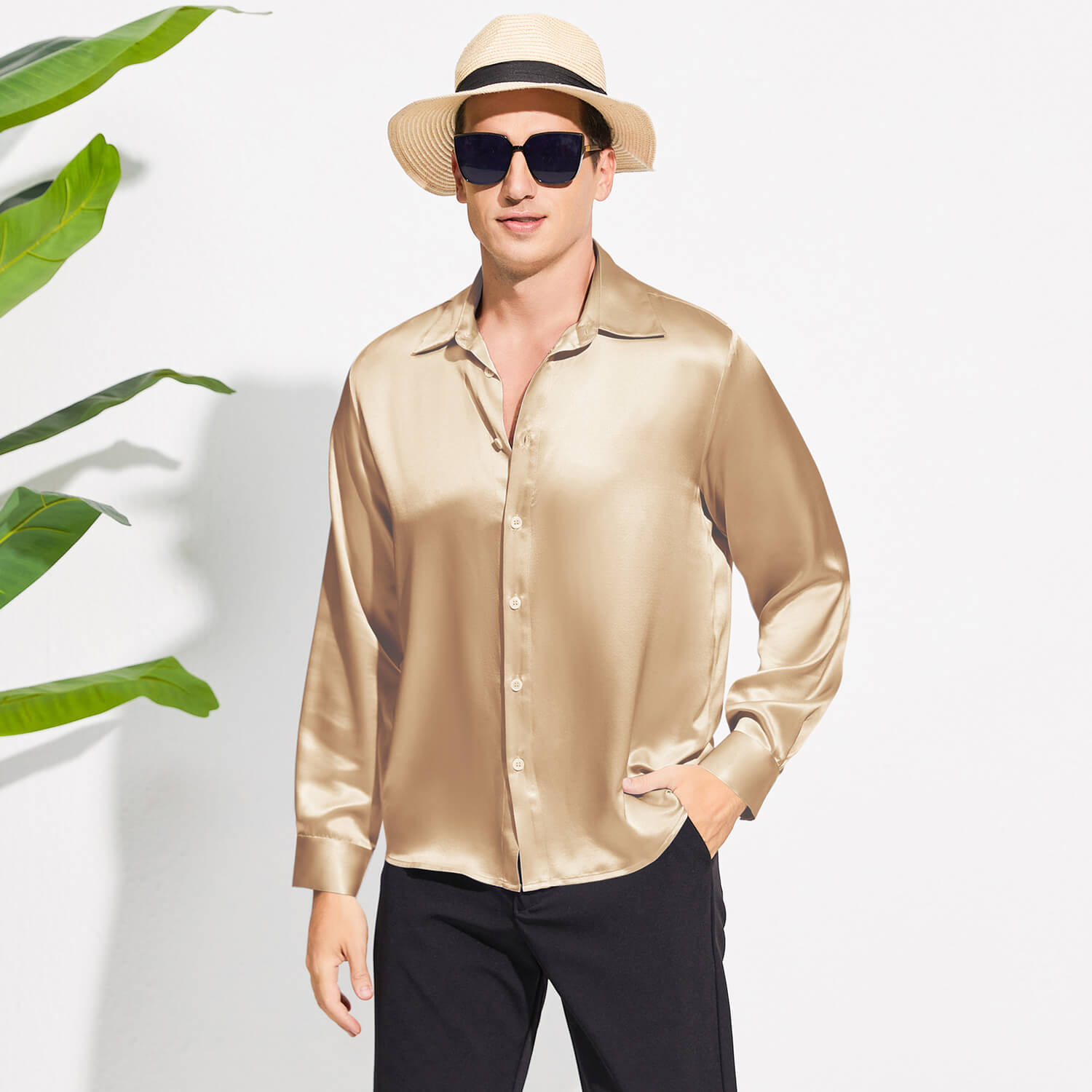 100% Mulberry Men's Silk Shirt Long Pure Silk Dress Shirts Gold XS