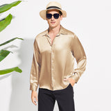100% Mulberry Men's Silk Shirt Long Pure Silk Dress Shirts Gold XS