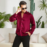 100% Mulberry Men's Silk Shirt Long Pure Silk Dress Shirts Claret XS
