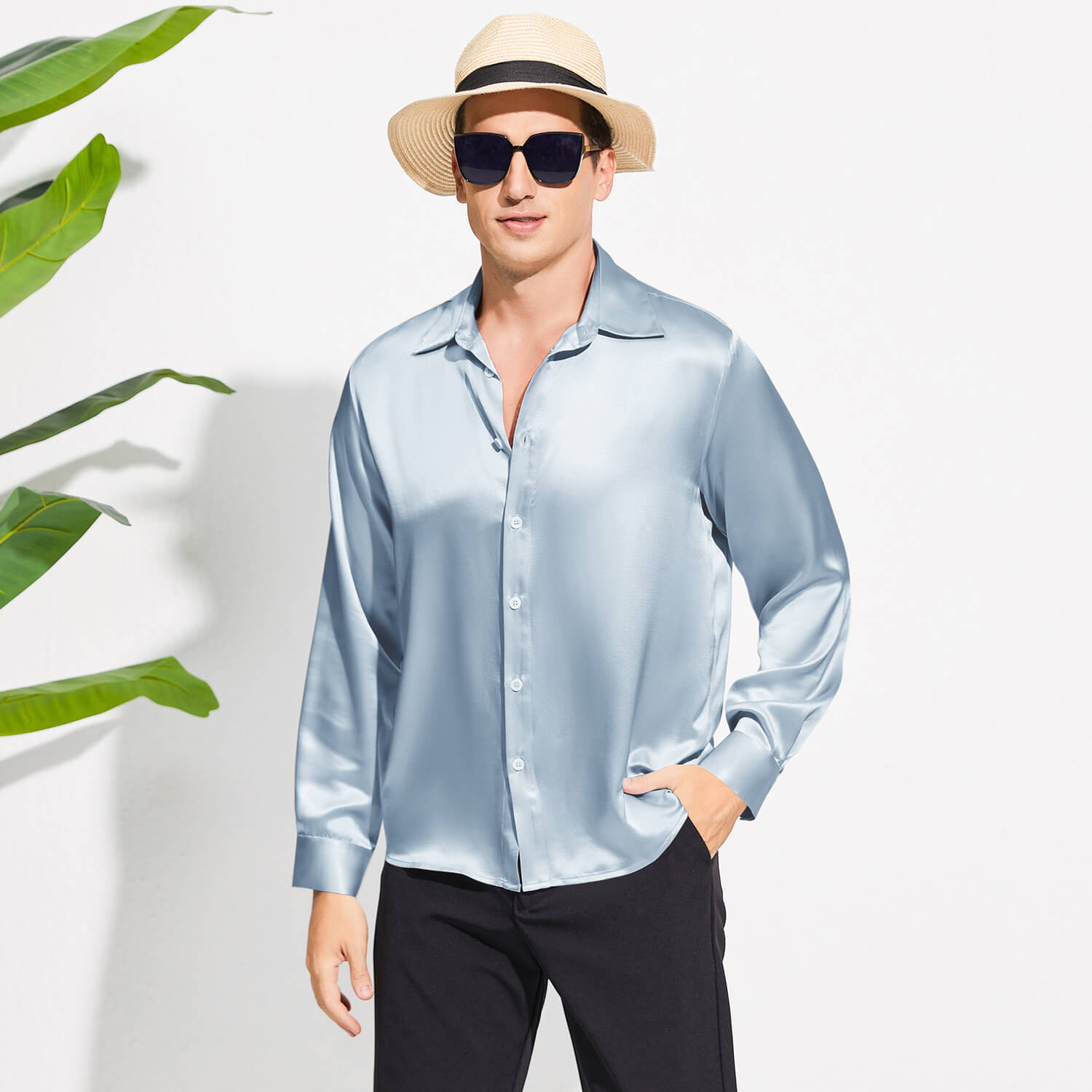 100% Mulberry Men's Silk Shirt Long Pure Silk Dress Shirts Haze Blue XS
