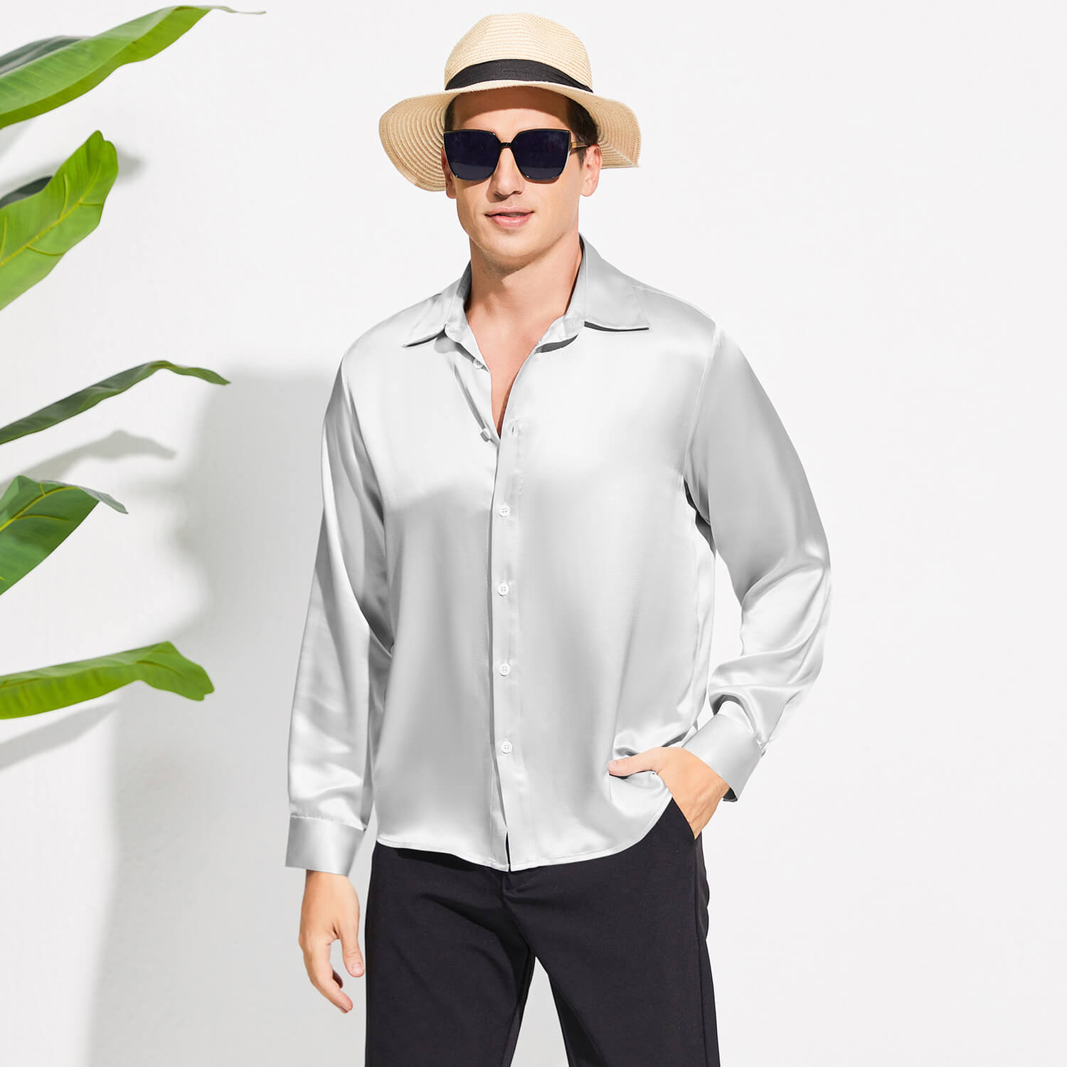 100% Mulberry Men's Silk Shirt Long Pure Silk Dress Shirts Gray XS