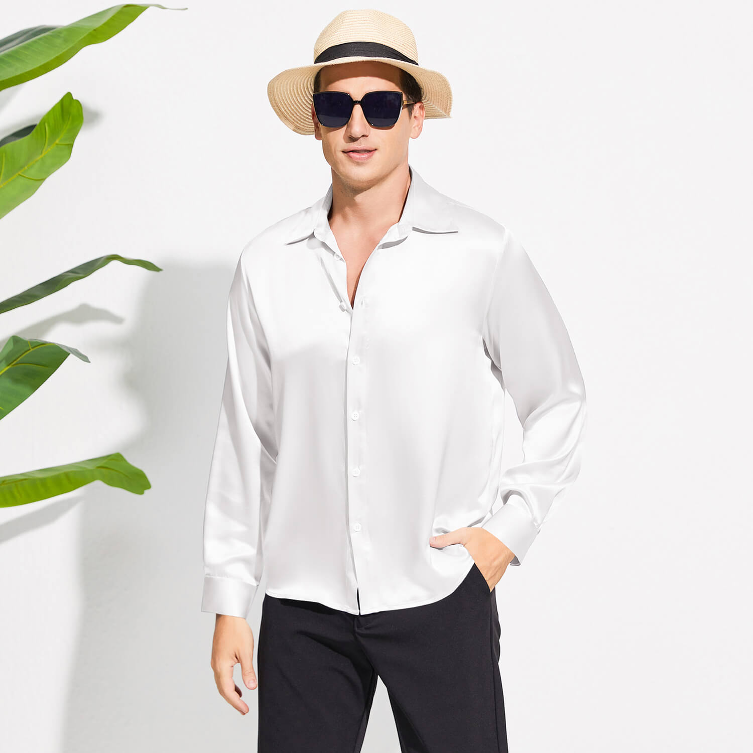 100% Mulberry Men's Silk Shirt Long Pure Silk Dress Shirts White XS