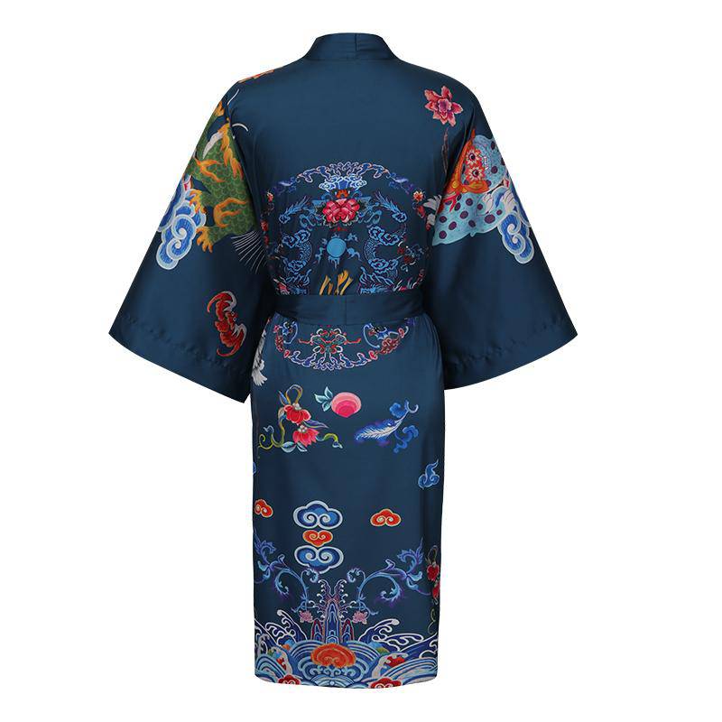 Short Crane And Dragon Print Pure Silk Kimono Robes Dark Green One size fits most