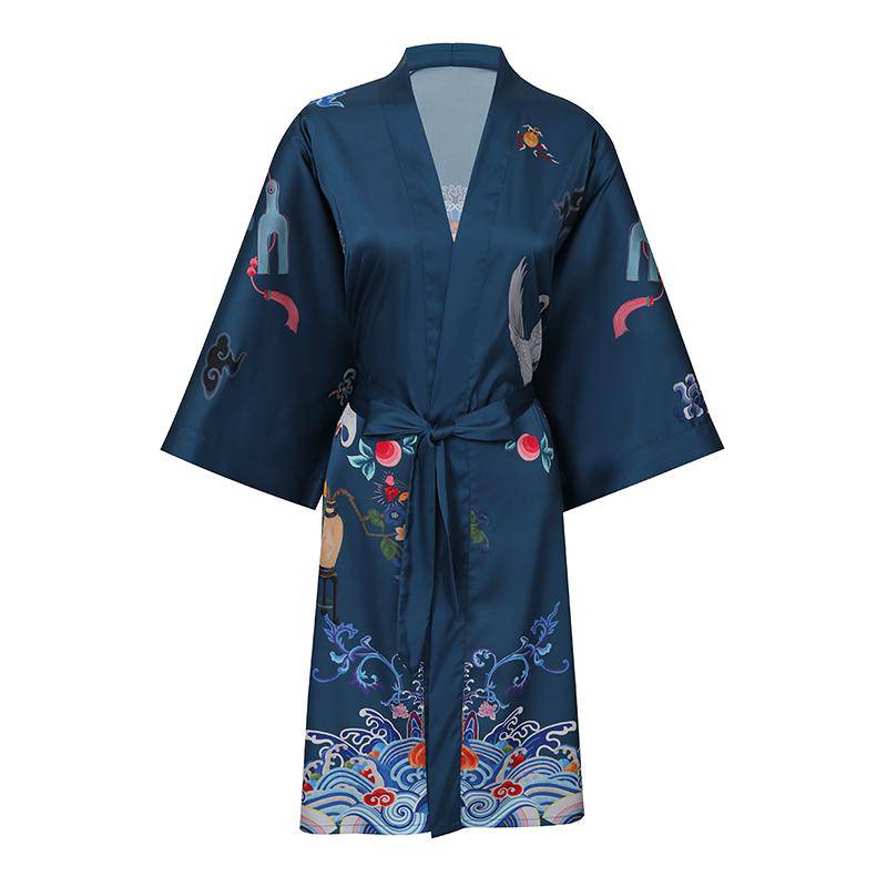 Short Crane And Dragon Print Pure Silk Kimono Robes Dark Green One size fits most