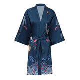 Short Crane And Dragon Print Pure Silk Kimono Robes Dark Green One size fits most