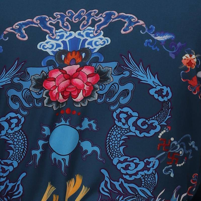 Short Crane And Dragon Print Pure Silk Kimono Robes Dark Green One size fits most
