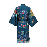 Short Crane And Dragon Print Pure Silk Kimono Robes Dark Green One size fits most
