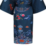 Short Crane And Dragon Print Pure Silk Kimono Robes Dark Green One size fits most