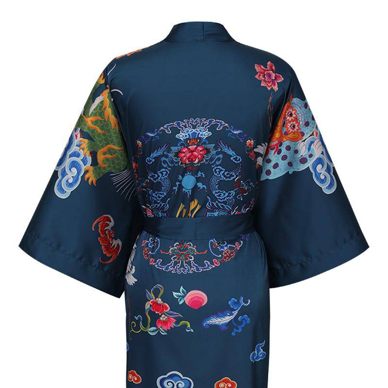 Short Crane And Dragon Print Pure Silk Kimono Robes Dark Green One size fits most