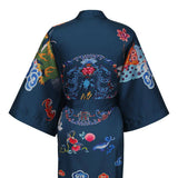 Short Crane And Dragon Print Pure Silk Kimono Robes Dark Green One size fits most