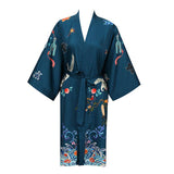 Short Crane And Dragon Print Pure Silk Kimono Robes Dark Green One size fits most