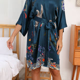 Short Crane And Dragon Print Pure Silk Kimono Robes Dark Green One size fits most