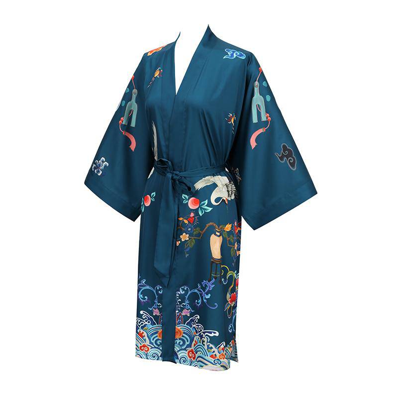 Short Crane And Dragon Print Pure Silk Kimono Robes Dark Green One size fits most