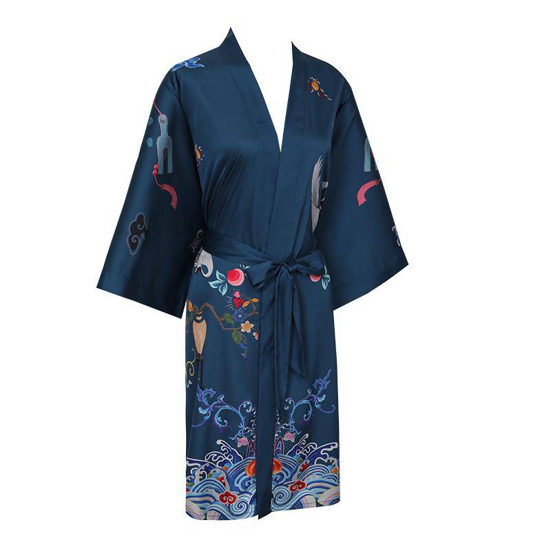 Short Crane And Dragon Print Pure Silk Kimono Robes Dark Green One size fits most