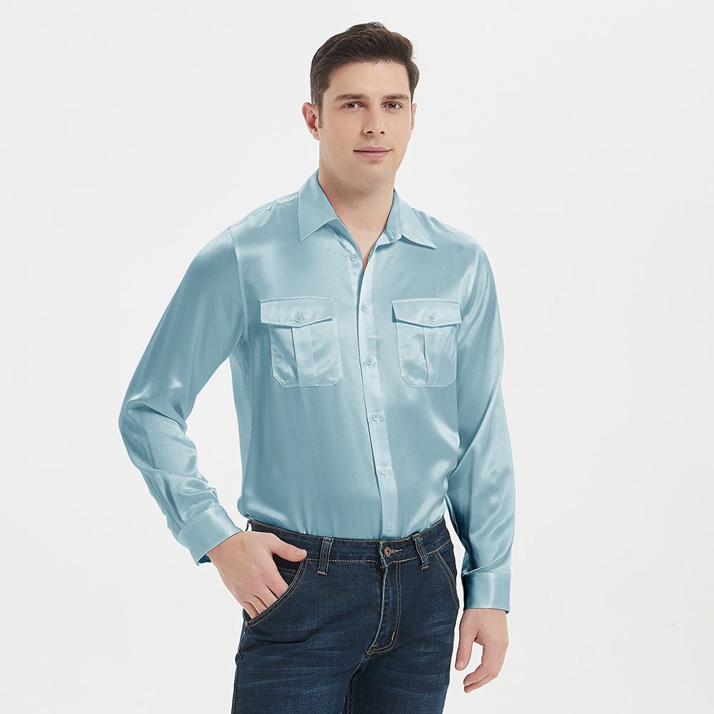 100% Mulberry Silk Shirt For Men Silk Long Sleeves Top