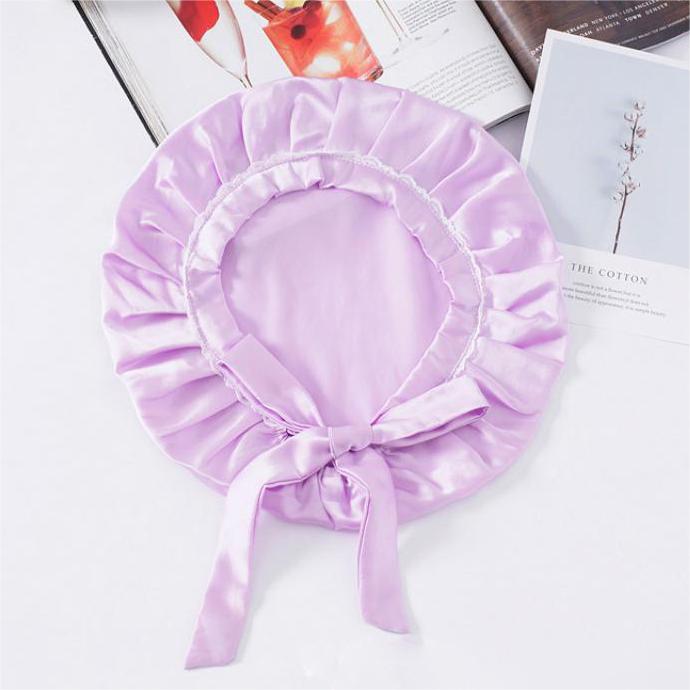 Silk Lace Sleep Cap For Women Hair Care Silk Night Bonnet Light Purple M