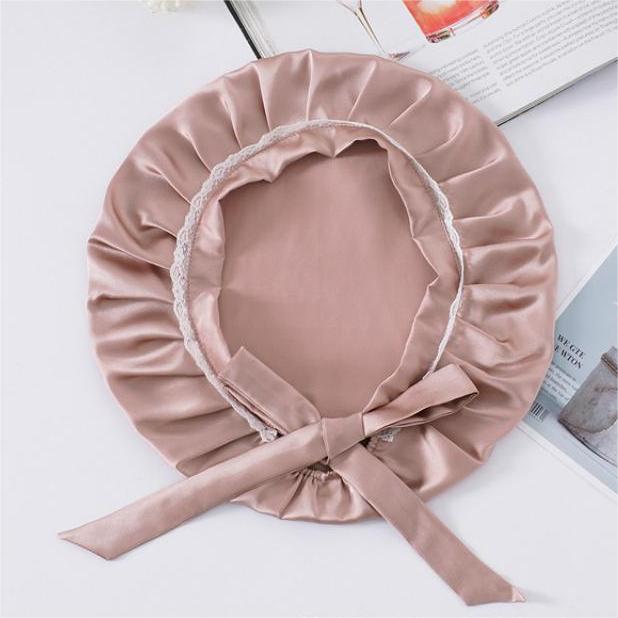 Silk Lace Sleep Cap For Women Hair Care Silk Night Bonnet Pink M