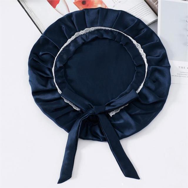 Silk Lace Sleep Cap For Women Hair Care Silk Night Bonnet Navy Blue M