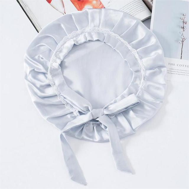 Silk Lace Sleep Cap For Women Hair Care Silk Night Bonnet Silver Gray M